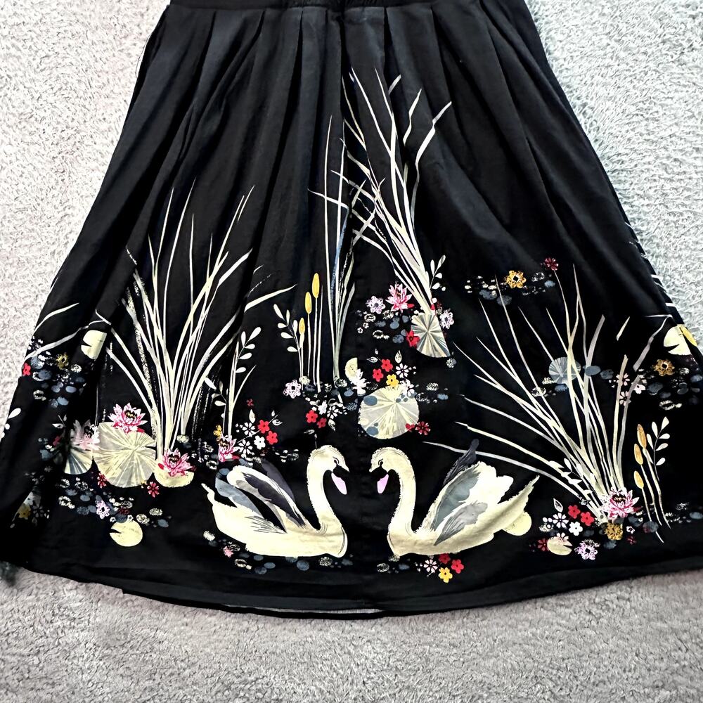 Belle Poque Women's Medium Black Dress Swan Floral Print Scalloped Front Smocked - Picture 7 of 9
